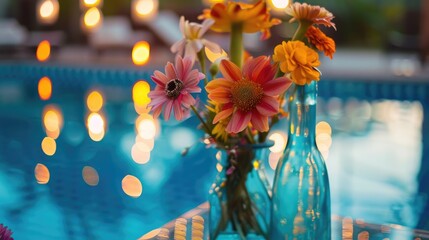 Vases of flowers on the evening table by the pool.