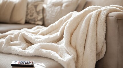 Cozy Beige Blanket on a Sofa with Remote Control