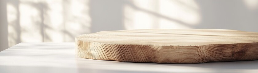 Sunlight softly illuminates a round wooden tabletop with a matte finish, enhancing its natural grain and texture, creating a serene atmosphere in a cozy indoor space