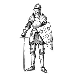 Obraz premium generate a ink drawing of a heraldic medieval knight, isolated on white background