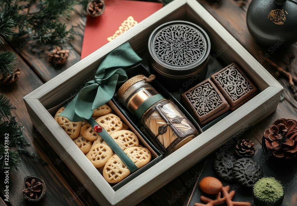 Poster elegant gift box with assorted cookies and decorative items