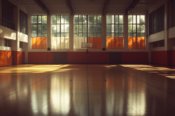 Empty gymnasium bathed in sunlight.