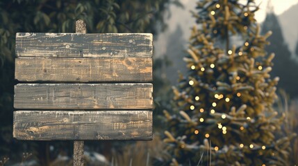 Fototapeta premium Vintage wooden billboards near Christmas tree on granite, for cafes and shops. Outdoor ad concept with copy space.