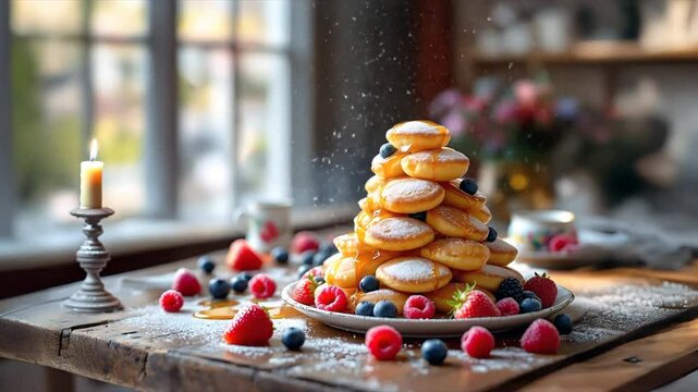 Tradititional dutch dish with little pancakes, poffertjes with sirup and powdered sugar on top.