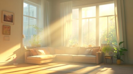 Fototapeta premium Sunny Living Room With Sectional Sofa And Plants