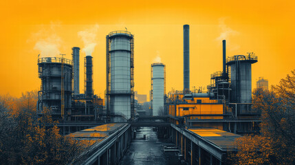 Graphic layout for promotional flyer highlighting industrial facility with orange background