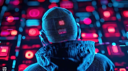Naklejka premium Hacker avatar in a vibrant digital world filled with glowing malware symbols and breached data streams
