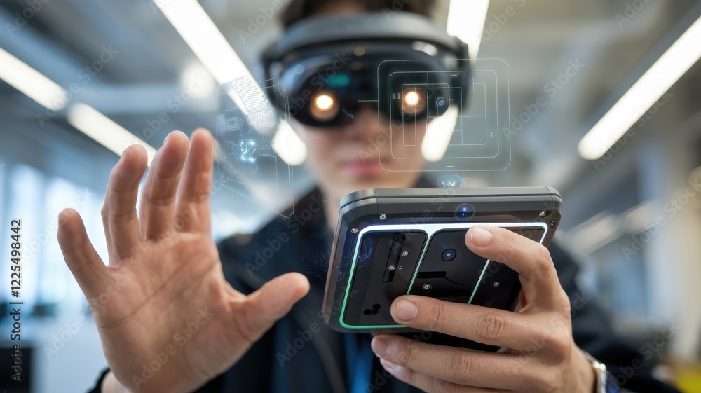 Poster person using augmented reality device with hand gestures
