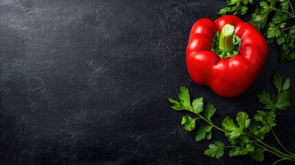 Fresh red bell pepper with cilantro on a dark surface