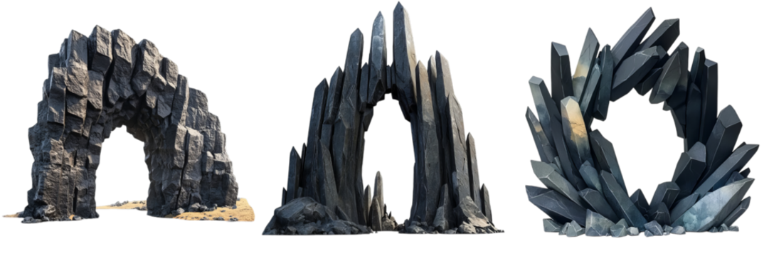 Png of Dramatic stone arches with geometric crystal and monolithic designs on transparent background.