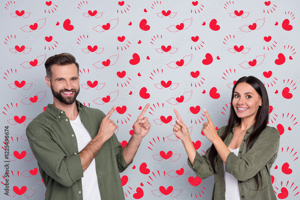 Poster portrait of attractive cheerful couple demonstrating copy blank empty space ad isolated over grey pa