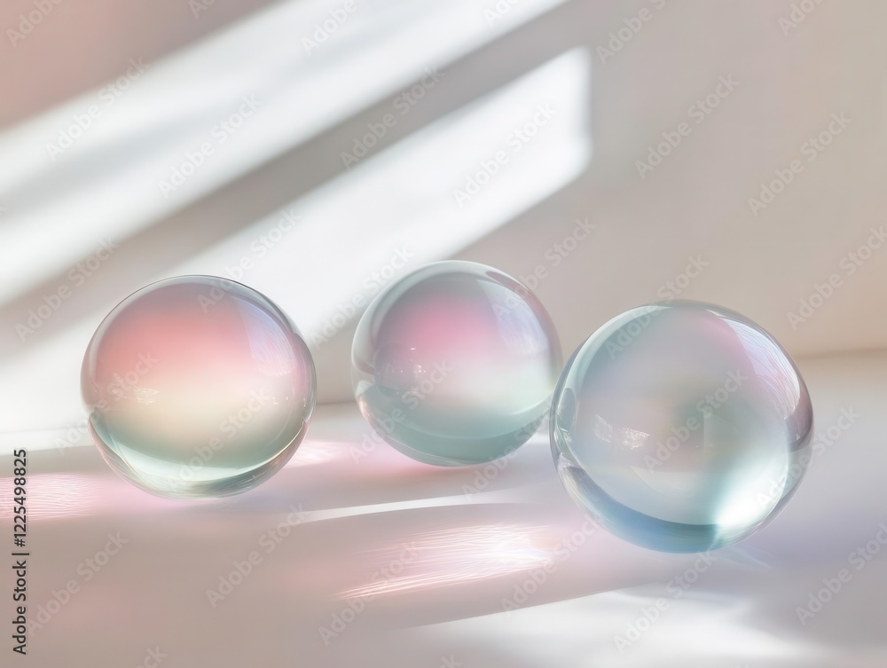 Poster ethereal pastel gradient spheres floating in minimalist space, soft translucent orbs casting gentle 