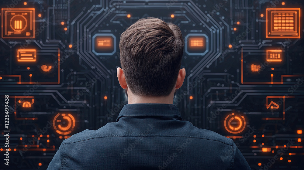 Poster man in dark shirt stands before digital interface with glowing orange metrics, symbolizing futuristi