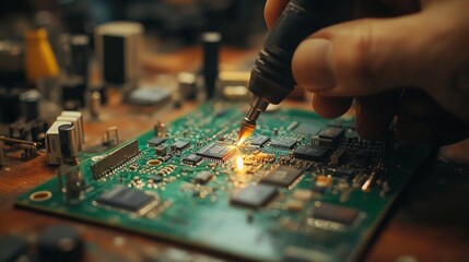 A close-up of a technician's hand soldering a microchip on a circuit board, representing innovation and technical craftsmanship in electronics.