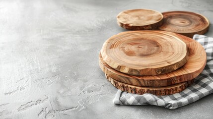 Wood cutting boards or homemade food plate coasters on a bright concrete surface with a kitchen towel and empty space.