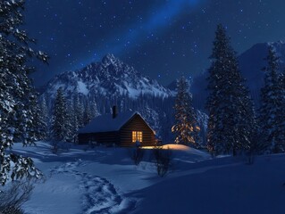 ethereal starry night illuminates snow-draped peaks, aurora borealis dancing above a solitary log cabin nestled among frost-covered pines, moonlight casting blue shadows