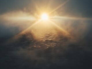 Fototapeta premium ethereal sunburst piercing through morning fog, creating dramatic lens flares and golden rays, captured with anamorphic lens, dreamy atmospheric photography