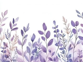 ethereal watercolor garden border with delicate purple lavender sprigs, soft pastel washes, dreamy botanical illustration with white negative space