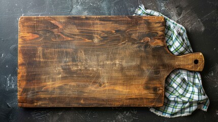 Wooden cutting board on dark background with kitchen towel for food preparation.