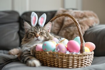 Adorable cat with bunny ears and colorful easter eggs in basket