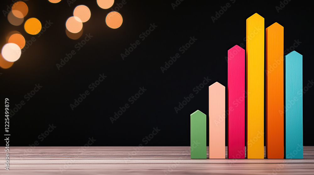 Aufkleber colorful wooden blocks arranged in bar graph on wooden surface with bokeh lights in background, symb