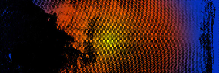 Retro collage with vibrant halftone patterns and vibrant neon gradient on a textured paper background in grunge style. The colorful background showcases halftone patterns that fade with neon gradient.