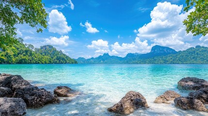 Fototapeta premium Tropical beach paradise, clear turquoise water, limestone cliffs, sunny sky, idyllic vacation getaway