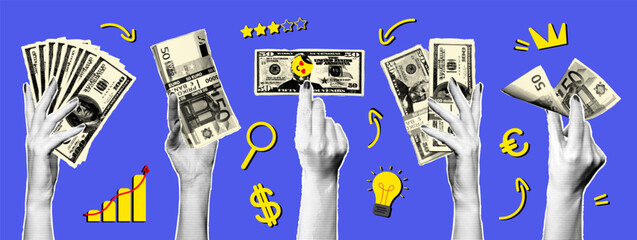 Creative representation of hands showcasing various stacks and bills of currency with playful designs illustrating finance concepts.
