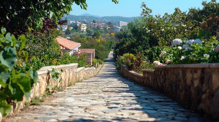Hillside stone path leads to village, sunny day