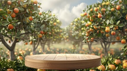 Wooden podium in fruit garden for product display, with round stand amidst fruit trees