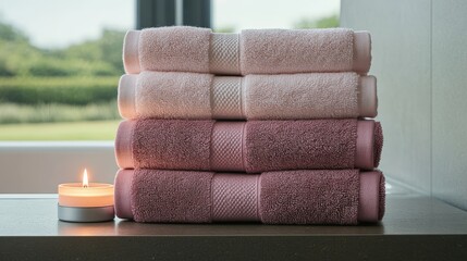Stacked Towels with Candle in Modern Bathroom Setting