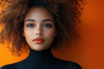 Eye-catching promotional design featuring a model with curly hair and vibrant background