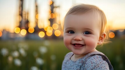 Happy Baby Smiling Outdoors Near Industrial Lights
