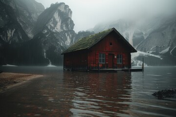 Fototapeta premium A serene red cabin sits on the water, surrounded by misty mountains, creating a tranquil, ethereal atmosphere.