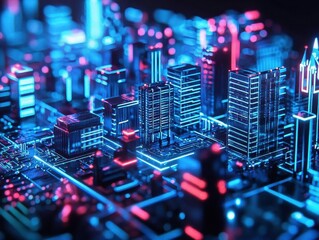 futuristic cityscape miniature with glowing digital fence boundaries, neon blue virtual barriers surrounding chrome buildings under dramatic lighting