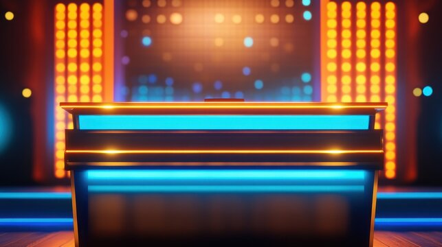 Illuminated Stage Podium with Neon Lights and Background
