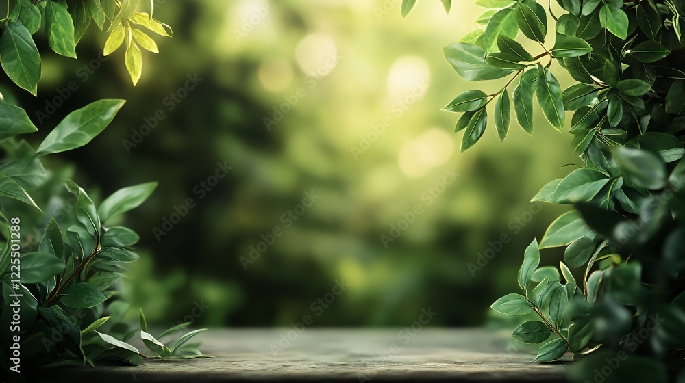 Poster empty wooden table with green foliage and blurred background creating relaxing nature atmosphere