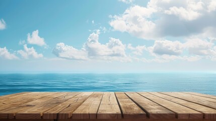 Wooden table with sea and sky background for product display