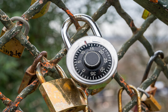 Love locks adorn a chain-link fence in a beautiful park setting - Powered by Adobe