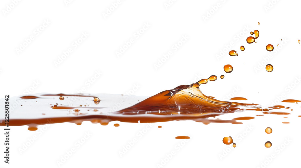 Poster a dynamic image showcases a brown liquid splashing with numerous droplets against a stark black back