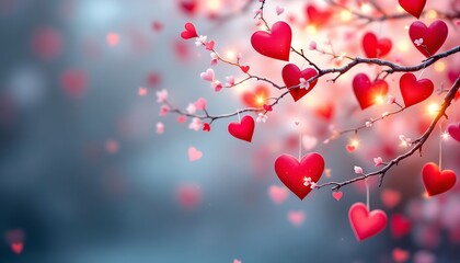 Obraz premium A romantic Valentine's Day background featuring a delicate tree branch adorned with vibrant red hearts, symbolizing love and affection.