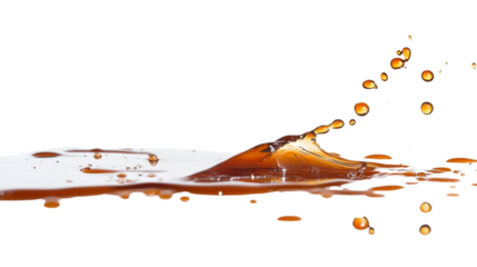A dynamic image showcases a brown liquid splashing with numerous droplets against a stark black background.