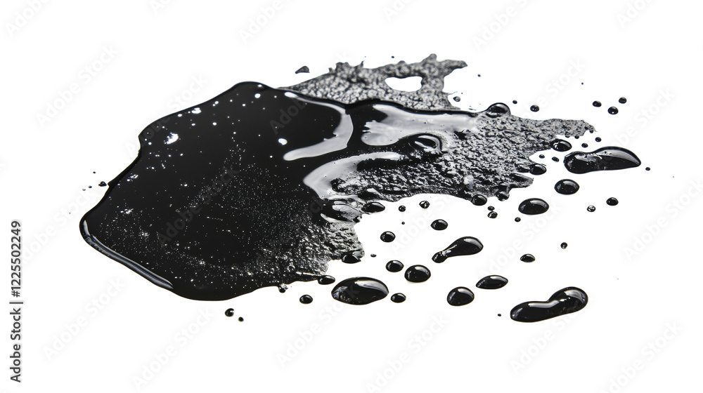 Poster A dark liquid spills across a black background forming a large irregular puddle with numerous smaller droplets scattered around it.