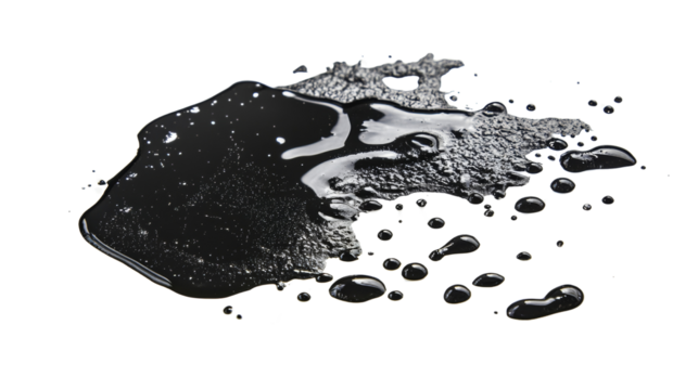 A dark liquid spills across a black background forming a large irregular puddle with numerous smaller droplets scattered around it.