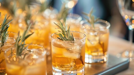 Alcoholic drinks with rosemary garnish on ice in elegant glasses at a catered event
