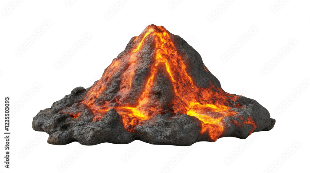 Poster a detailed 3d rendering of a small volcano with bright orange lava flowing down its rocky sides agai