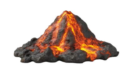 A detailed 3D rendering of a small volcano with bright orange lava flowing down its rocky sides against a black background.