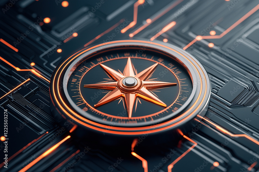Poster radiant compass with glowing analytics icons on circuit board background, symbolizing navigation and