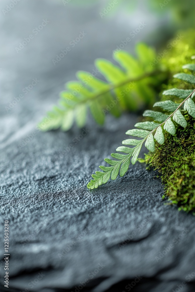 Poster moss and ferns display a gentle glow against a textured stone surface, creating a serene atmosphere.
