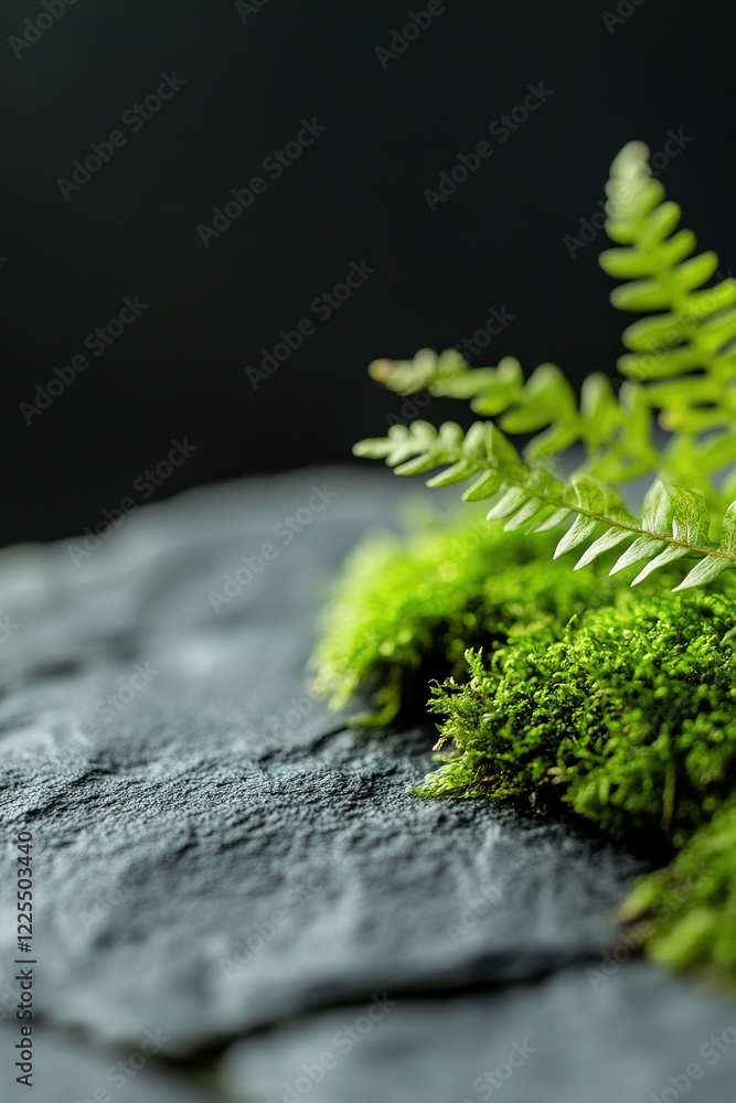 Poster softly glowing moss and delicate ferns create a serene and enchanting atmosphere on a textured stone